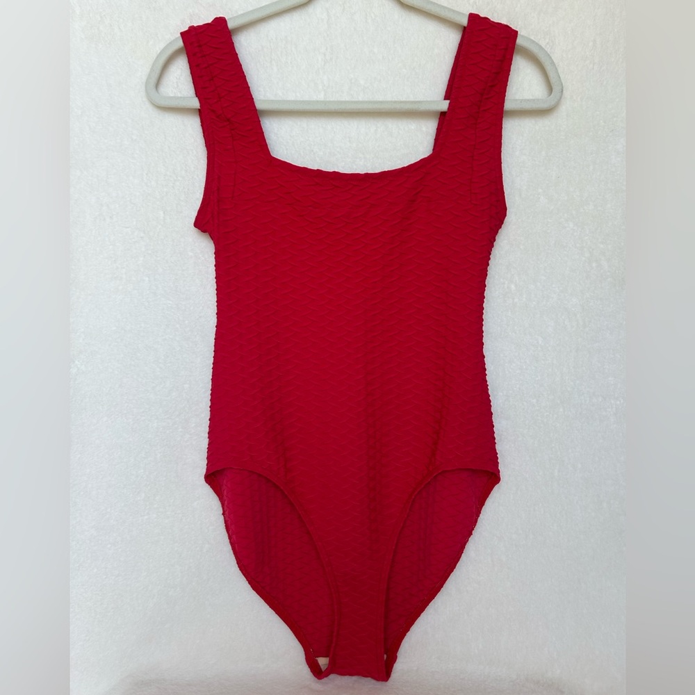 Red Textured Scoop Neck One-Piece Swimsuit